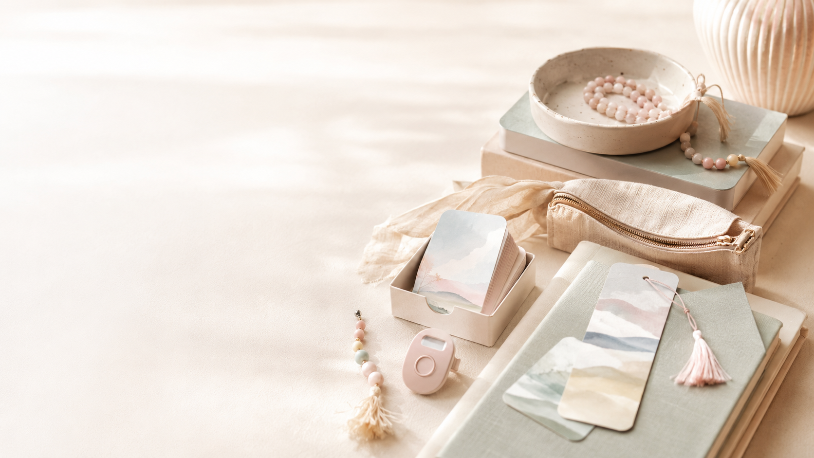 Momsora dua card box, rose tasbih beads and watercolour bookmarks on a linen journal
