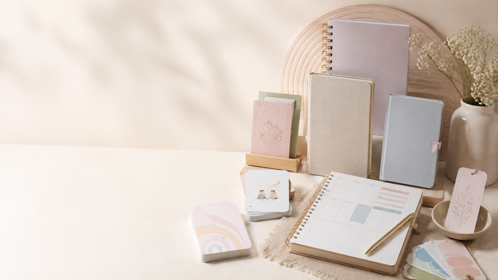 Momsora planners, dua cards and a bookmark styled on a warm ivory studio table