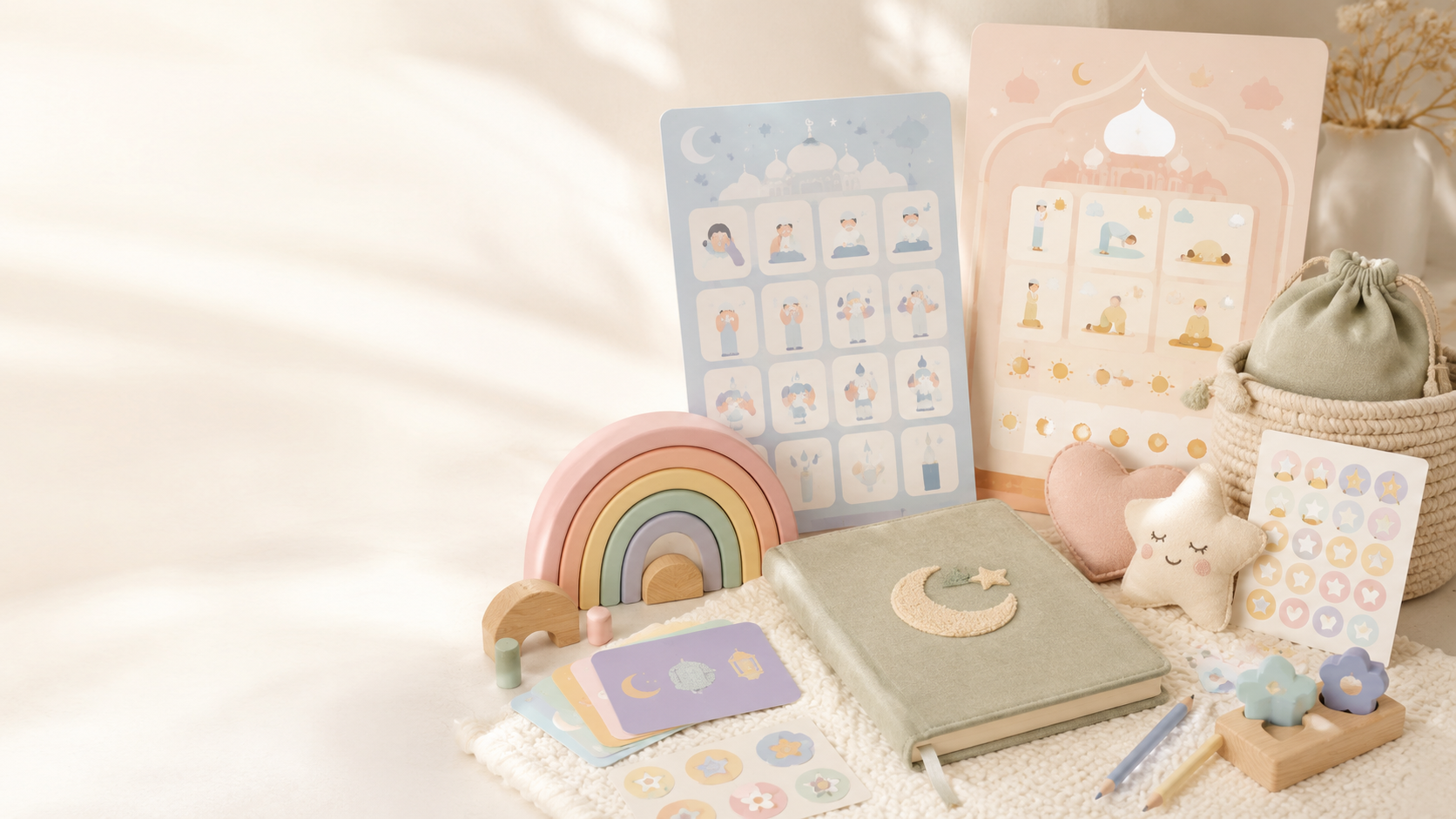 Momsora kids' prayer and wudu charts, sticker sheets, flashcards and a wooden rainbow
