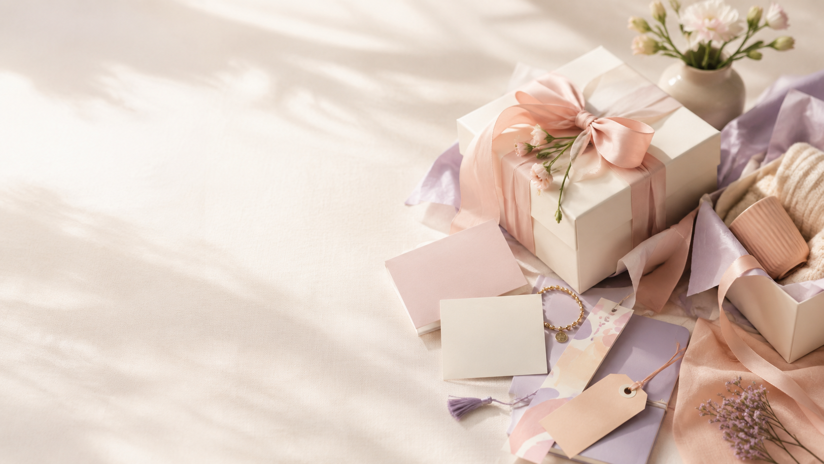 A Momsora gift box tied with a blush ribbon beside a card, gift tag and beaded bracelet