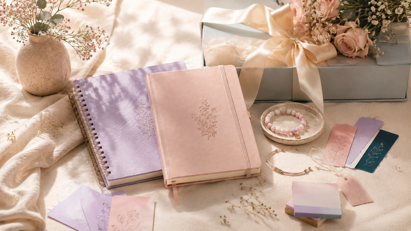 Momsora planners, dua cards, a beaded bracelet and a ribboned gift box arranged on soft cream linen