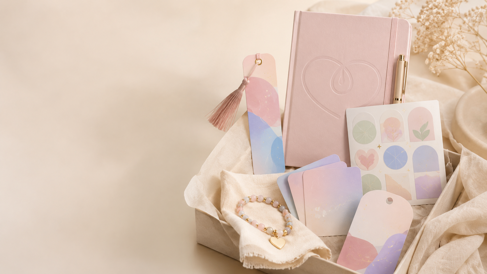 A Momsora bundle box holding a blush journal, tasselled bookmark, sticker sheet and beaded bracelet